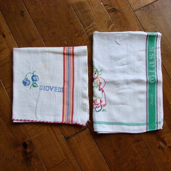 Vintage Tea Towel Linen Kitchen Glass Dish Giovedi Irish Linen Stripe Embroidery - Picture 1 of 15